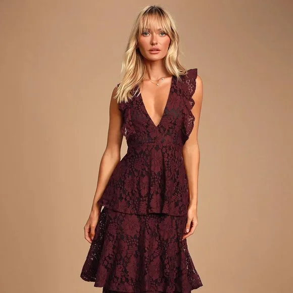 Lulus Dresses Molinetto Burgundy Lace Ruffled Tiered